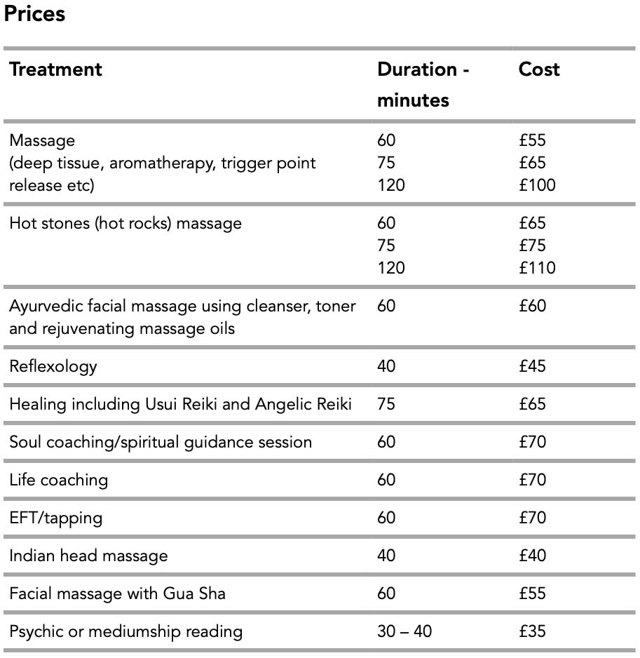 prices, Prices, Massage Therapist based near Petworth and Midhurst, West Sussex