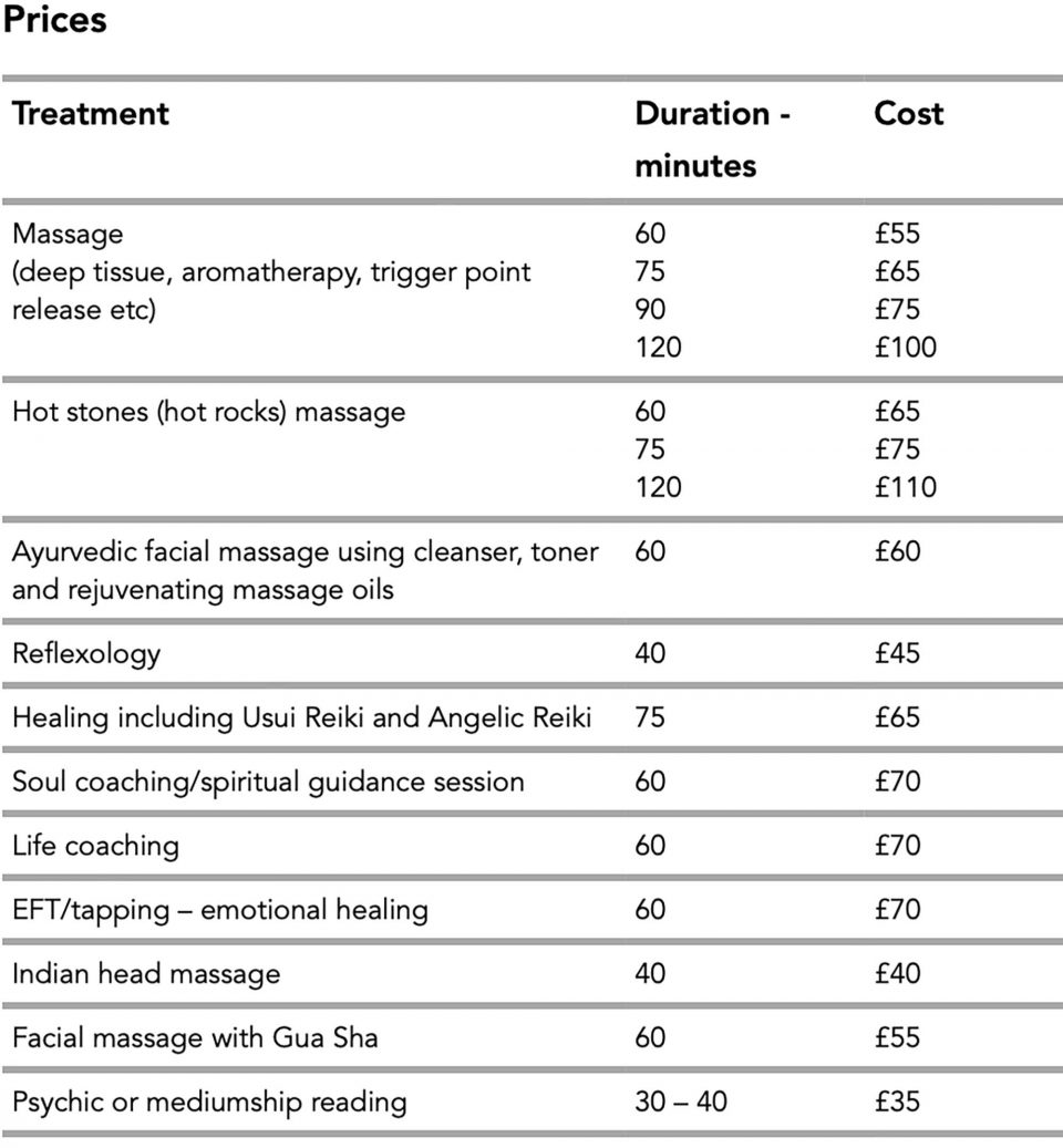 prices, Prices, Massage Therapist based near Petworth and Midhurst, West Sussex
